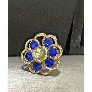 Vintage Blue Green Glass Flower Floral  Adjustable Statement Ring